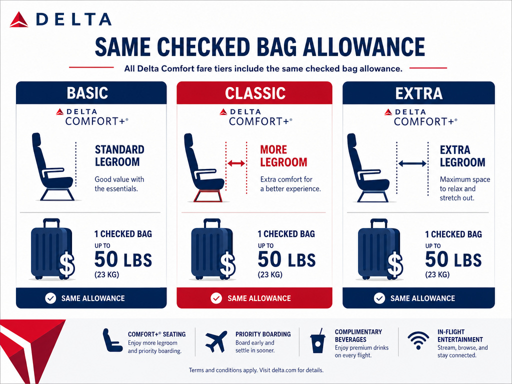 Delta Comfort Basic, Classic, and Extra baggage allowance comparison infographic