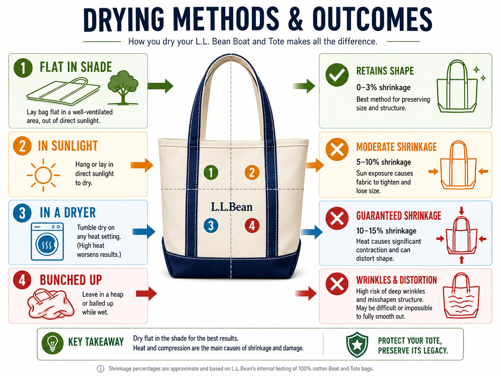 Infographic comparing safe and unsafe drying methods for L.L. Bean tote bags.