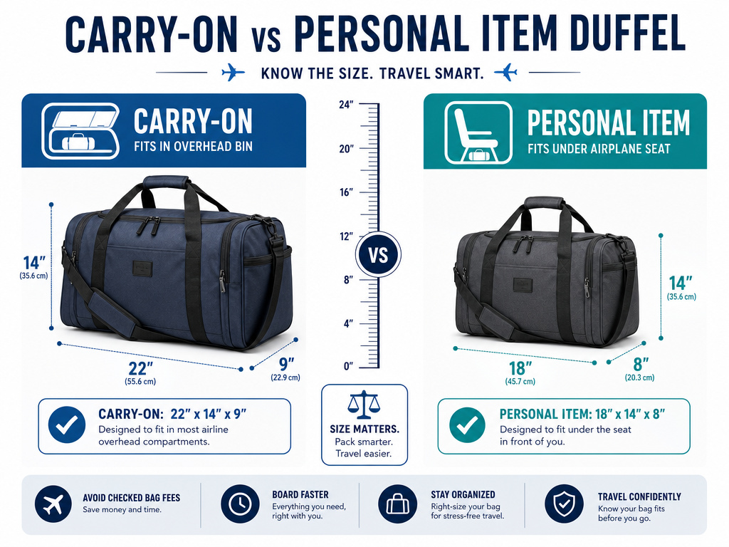 Infographic comparing carry-on versus personal item duffel bag sizes and stowage.