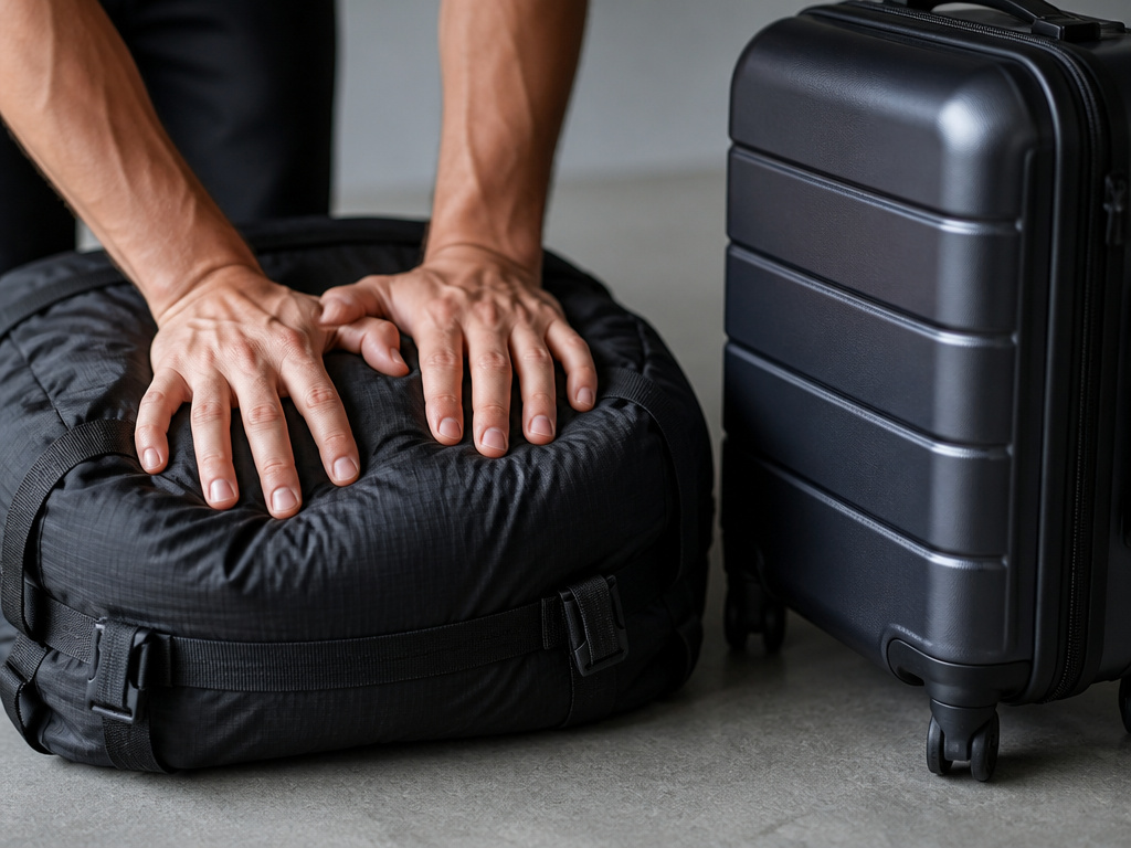 Hands compressing a soft duffel bag next to a rigid suitcase for carry-on