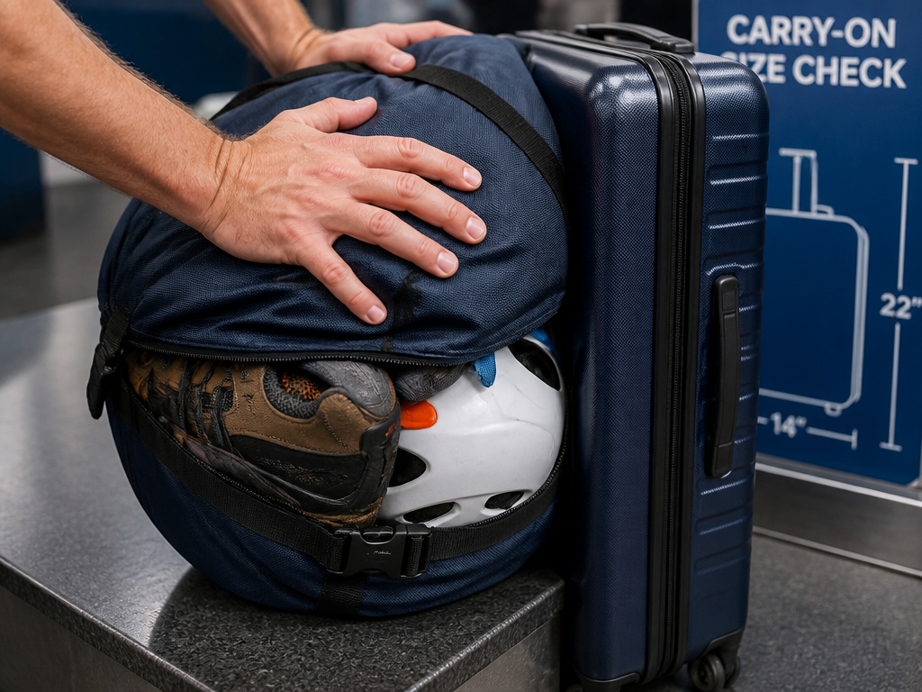 Flexible duffel bag bulging with gear next to a rigid carry-on suitcase