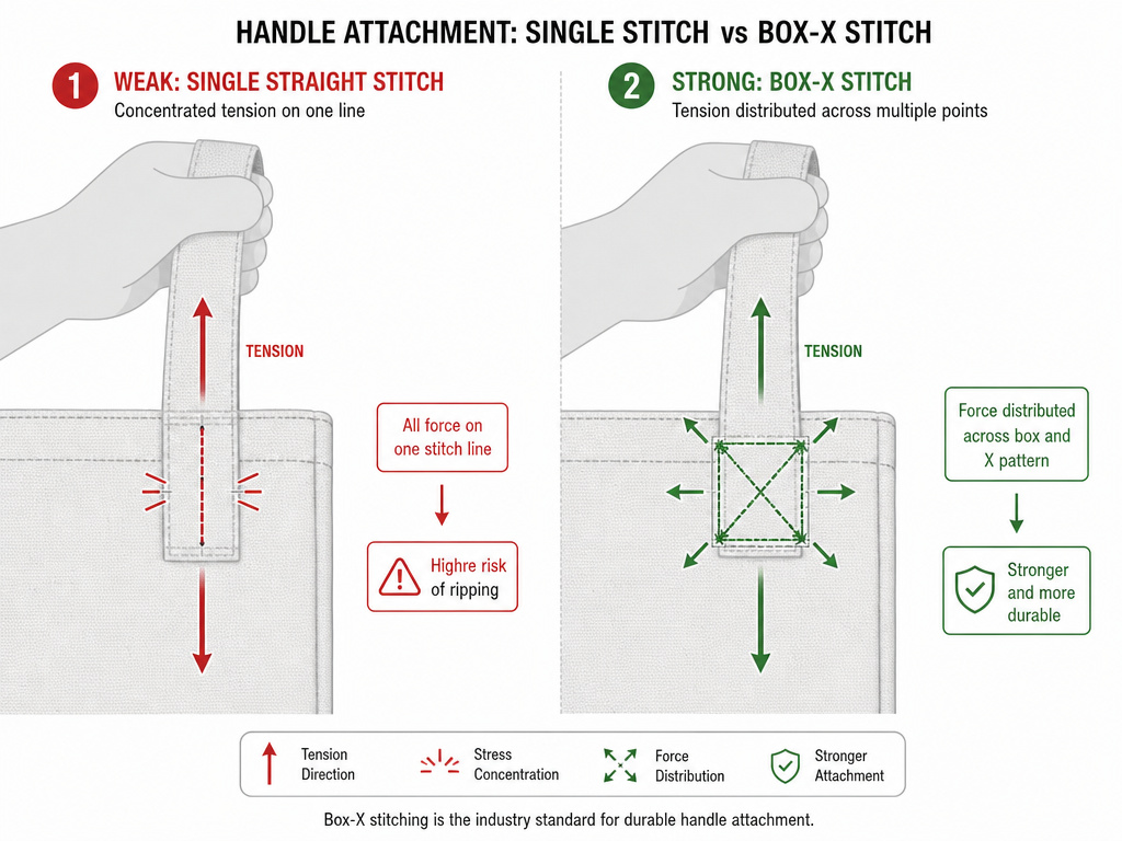 Diagram comparing weak straight stitch vs strong Box-X stitch on tote bag handle.