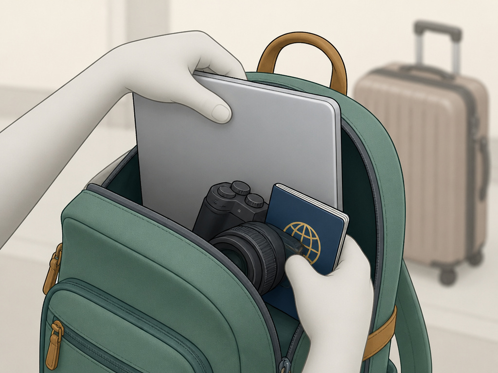 Packing electronics and documents into a carry-on backpack for travel safety.
