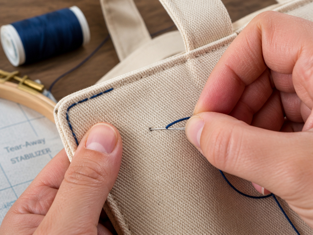 Close-up of hand embroidery on a canvas tote bag corner