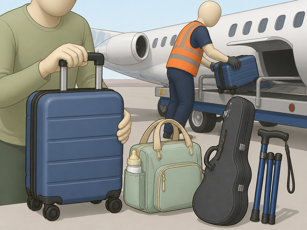 Exceptions to carry-on size rules for regional jets, infants, and assistive devices.