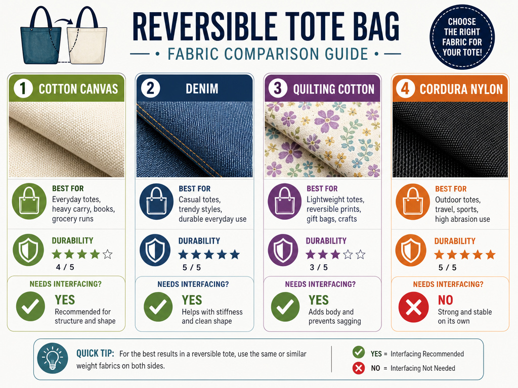 Fabric and interfacing comparison chart for making a durable reversible tote bag.