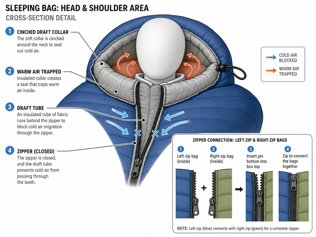 Diagram of sleeping bag draft tube, collar, and zipper compatibility features.