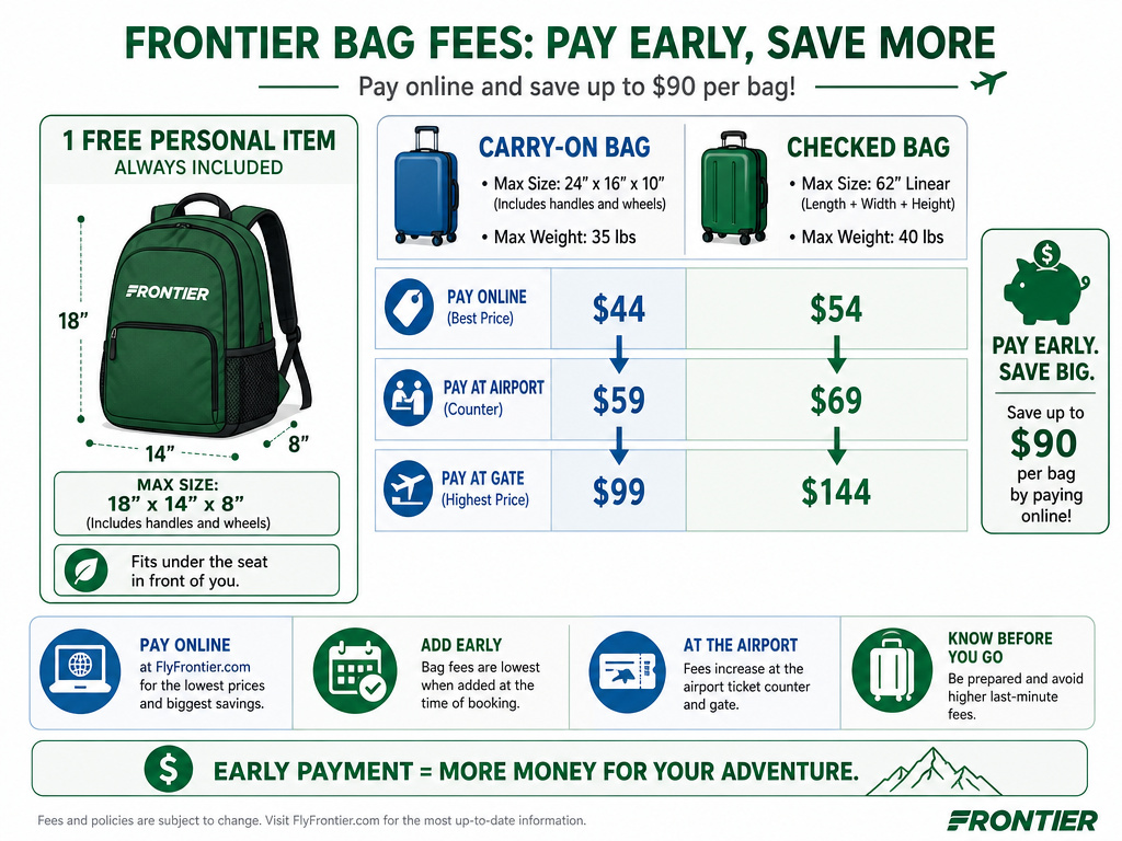 Frontier Airlines baggage fees chart with backpack as free personal item dimensions.