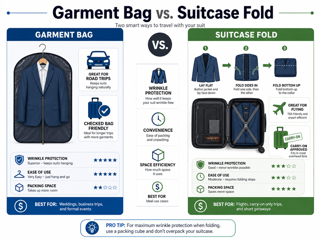 Infographic comparing garment bag and suitcase fold methods for packing a blazer.