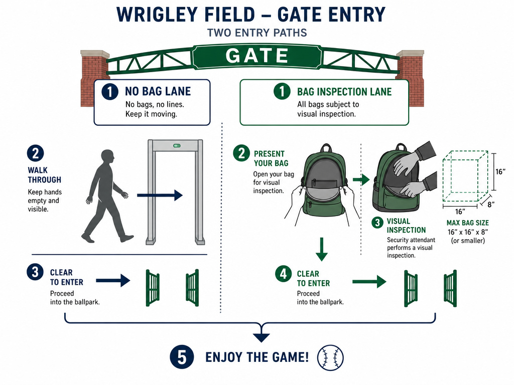 Diagram comparing Wrigley Field's no-bag and bag-check gate entry lanes.