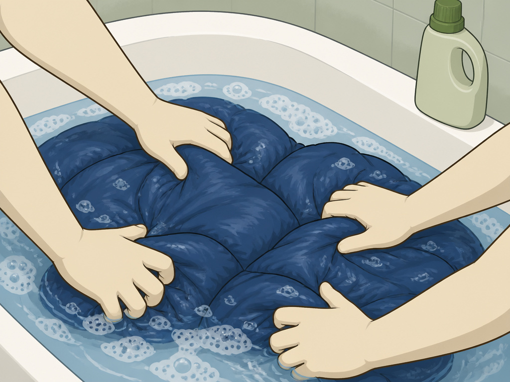 Hands washing a sleeping bag in a bathtub with gentle kneading motion.