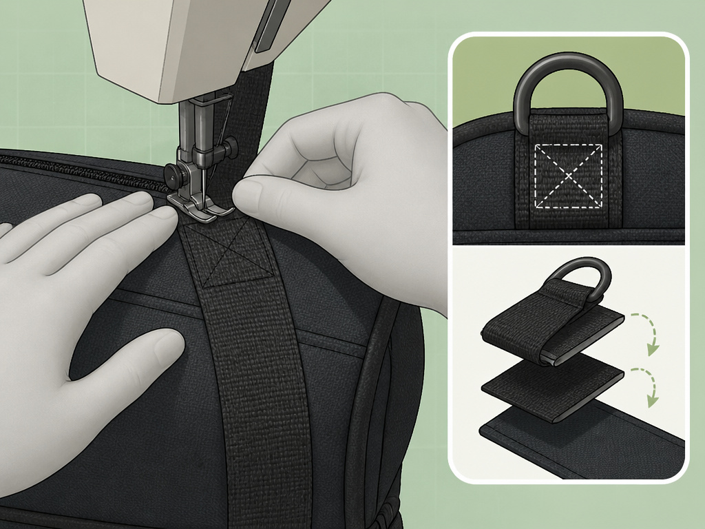 Diagram showing how to sew reinforced handles and straps for a duffel bag.
