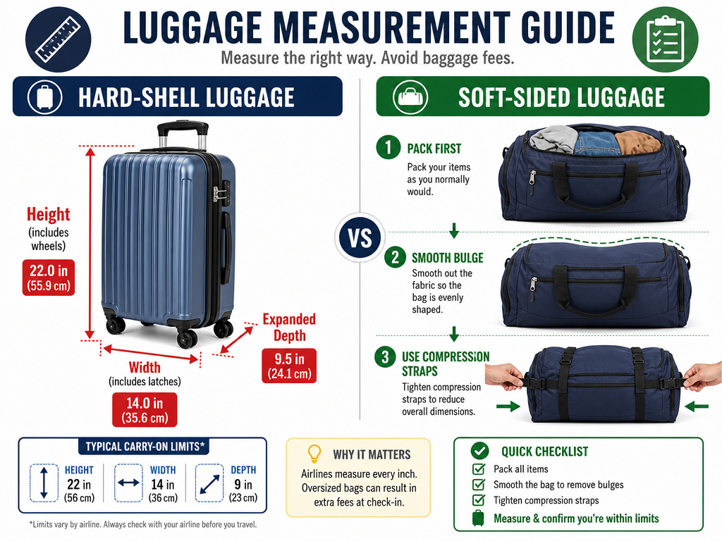 Infographic comparing measurement techniques for hard and soft carry-on luggage