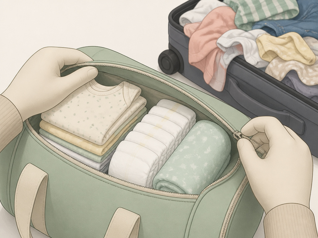 Organized baby hospital bag versus chaotic shared suitcase for packing.