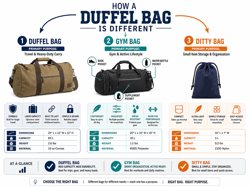 Infographic comparing duffel bag vs gym bag vs ditty bag features and uses
