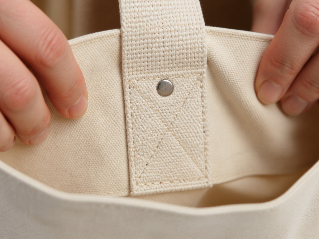 Close-up detail of a reinforced canvas tote bag handle with box-stitching.