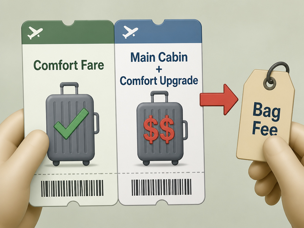Delta Comfort fare versus seat upgrade and their different checked baggage policies.