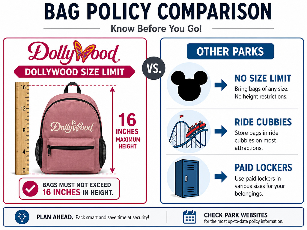 Comparison chart of Dollywood backpack rules versus other major theme parks