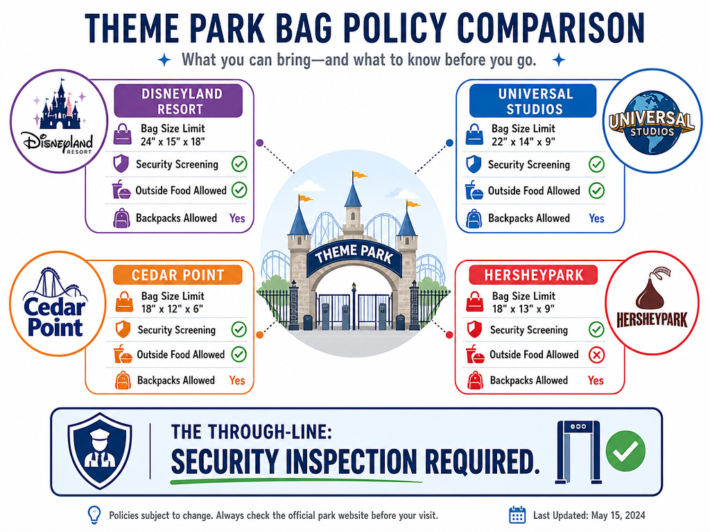 Infographic comparing backpack and food policies at Knott's versus other major theme parks.