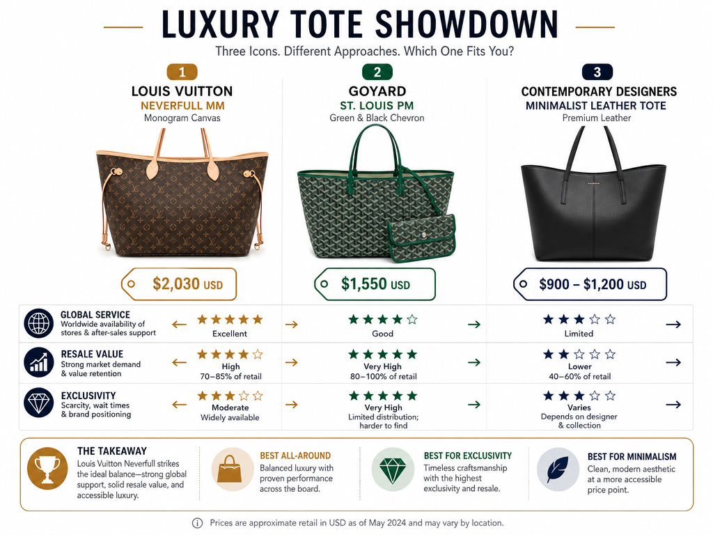 Infographic comparing Louis Vuitton, Goyard, and contemporary designer tote bag prices and value.