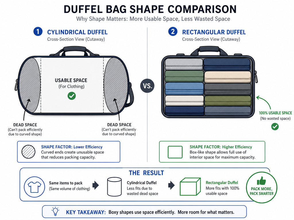 Diagram comparing usable space in cylindrical versus rectangular duffel bag shapes.