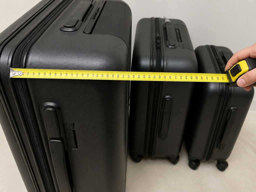 GA suitcase size comparison with medium and carry-on luggage using a measuring tape.