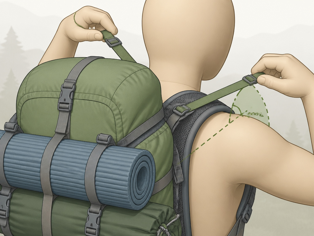 Adjusting load lifter straps on a packed backpack for proper weight distribution.