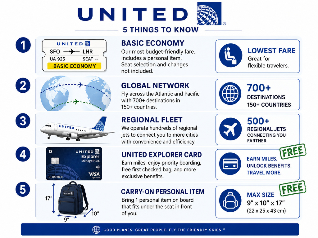 Infographic showing five ways to avoid United Airlines carry-on baggage fees.