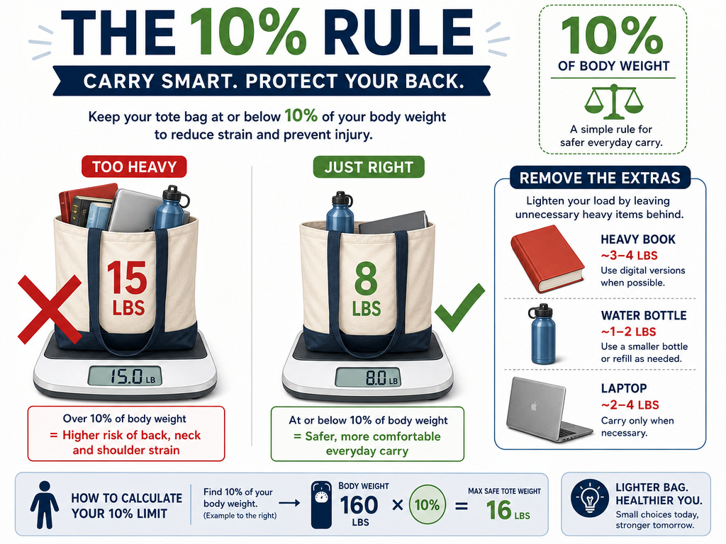 Infographic showing the 10% rule for safe tote bag weight limits.