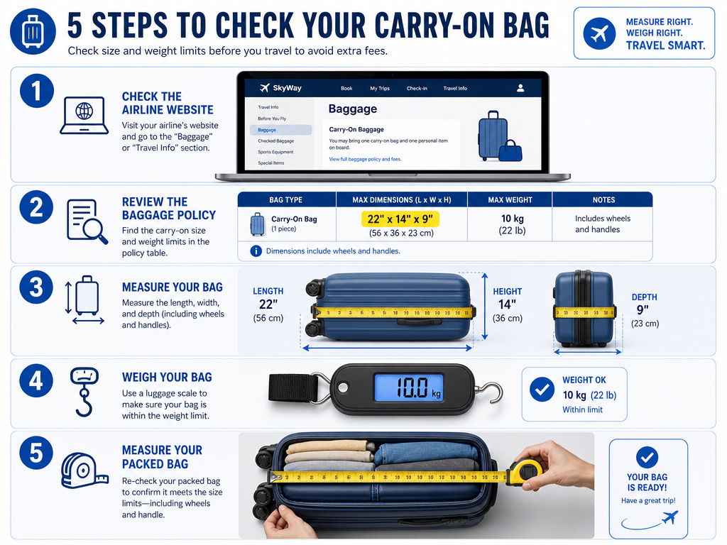 Infographic checklist for verifying airline carry-on bag size and weight limits