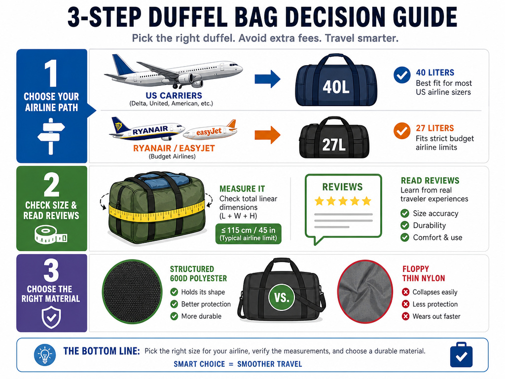 Flowchart for choosing the right sized carry on duffel bag for airlines
