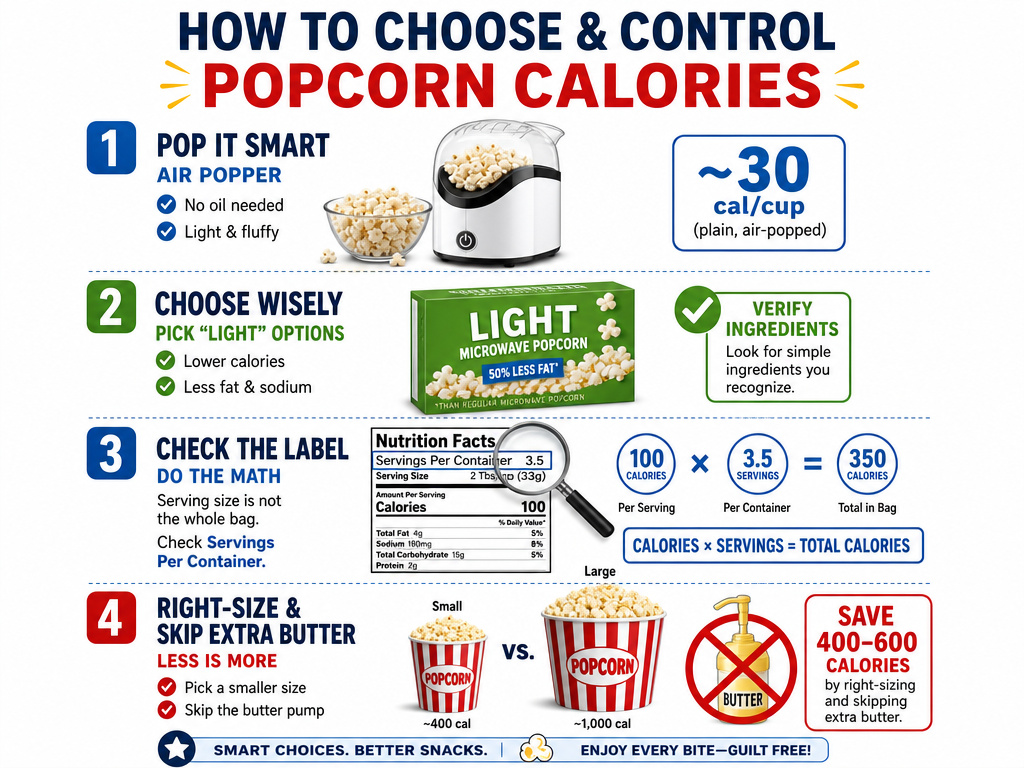 Infographic comparing calorie control methods for air-popped, light microwave, and movie theater popcorn.