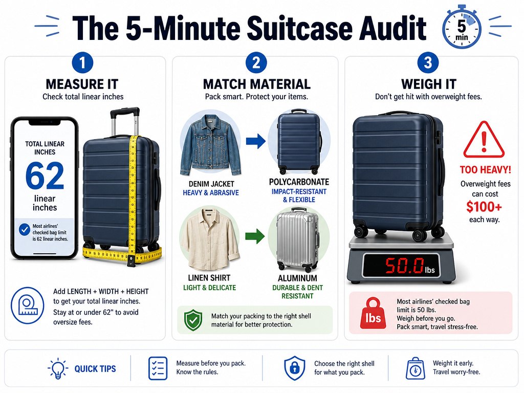 Infographic for choosing a large suitcase based on airline size, packing style, and weight.