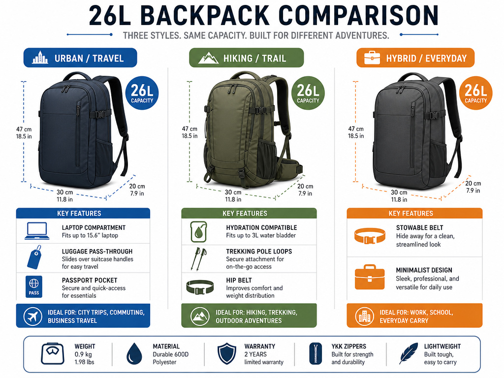 Infographic comparing urban, hiking, and hybrid 26-liter backpack features.