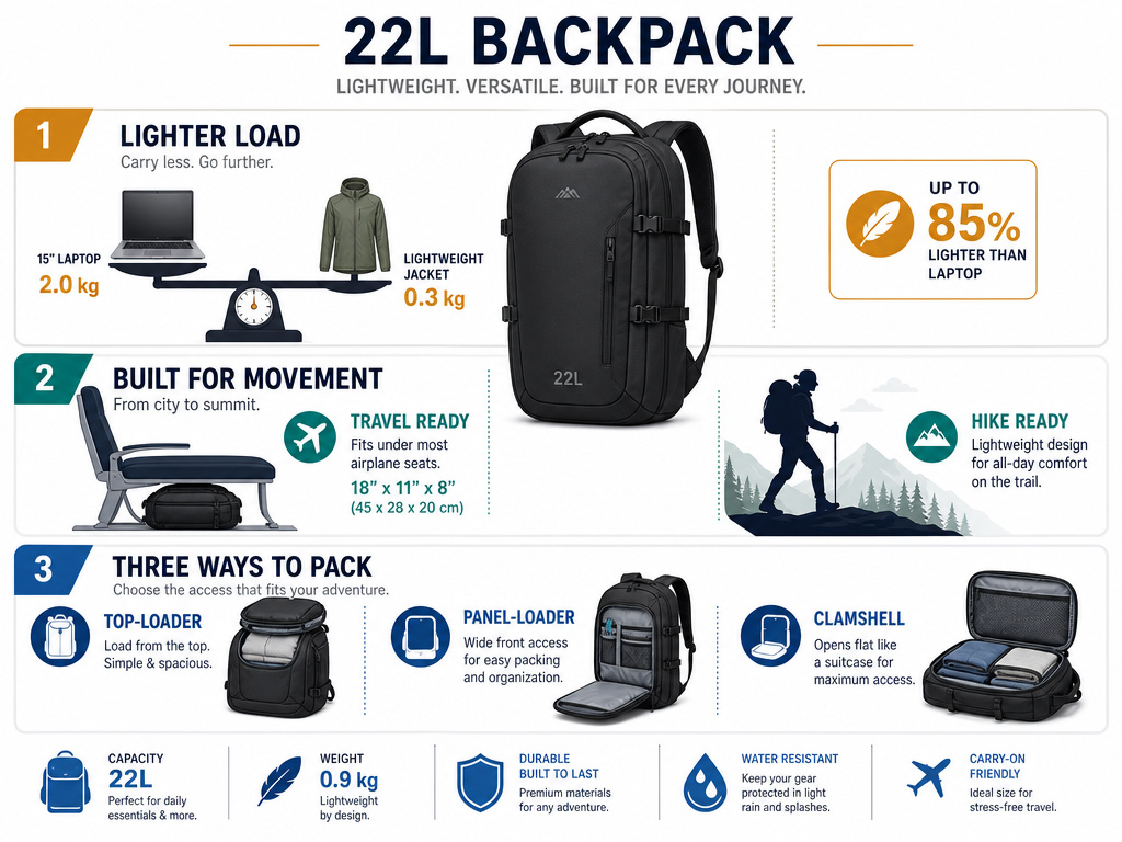 Infographic on three key decision points for choosing a 22-liter backpack