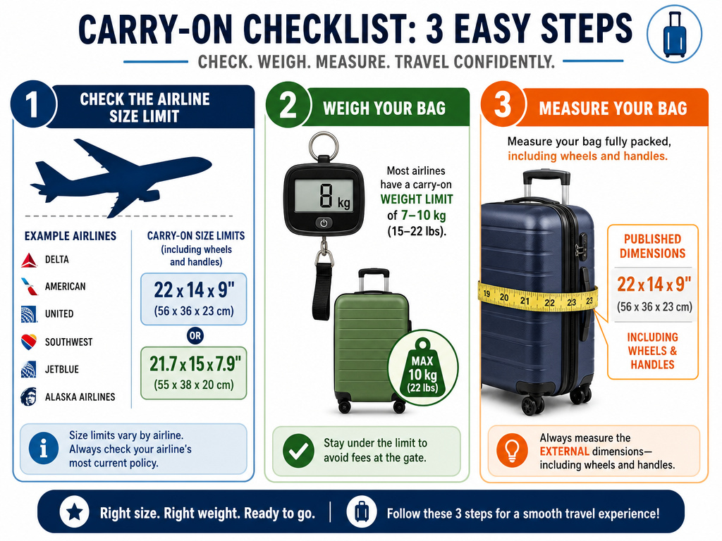 Infographic on how to choose the largest carry-on luggage size for your airline