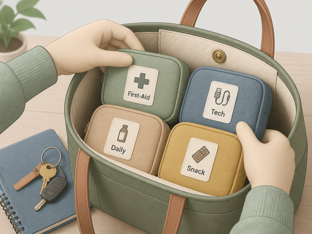 Organizing a tote bag with labeled pouches for first-aid, tech, daily essentials, and snacks.