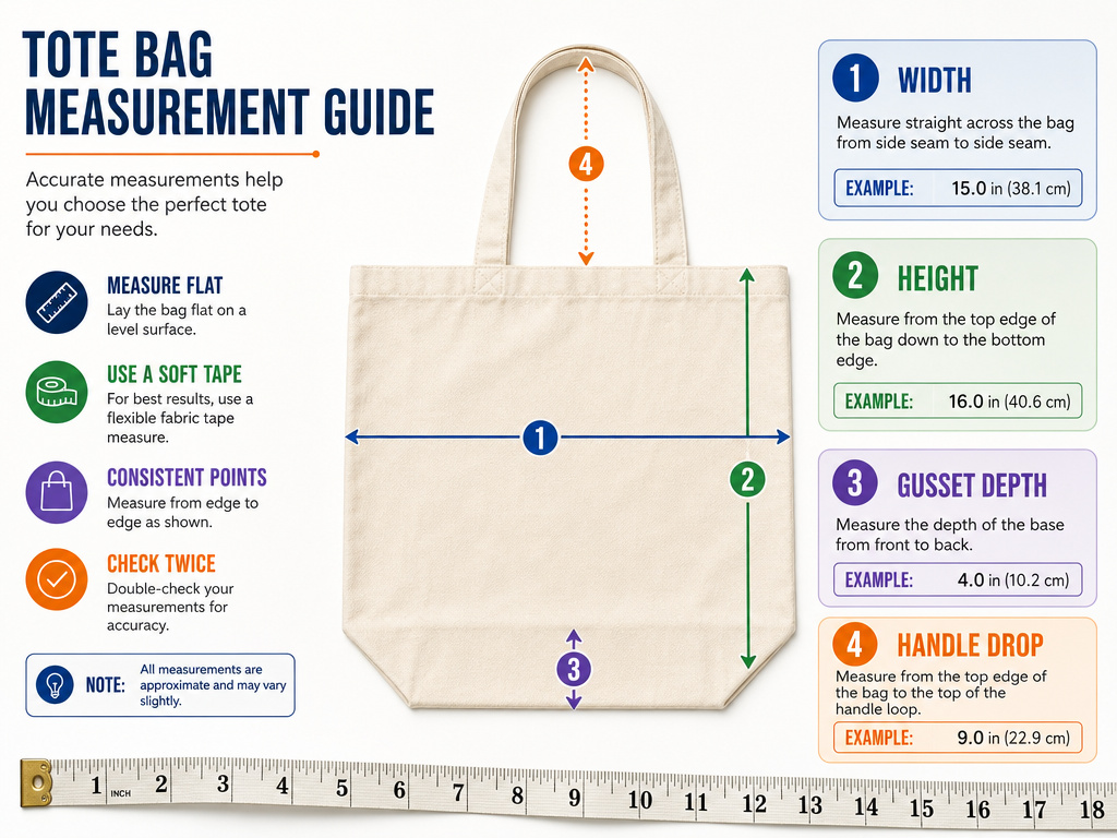 Diagram showing how to measure a tote bag's width, height, depth, and handle drop.