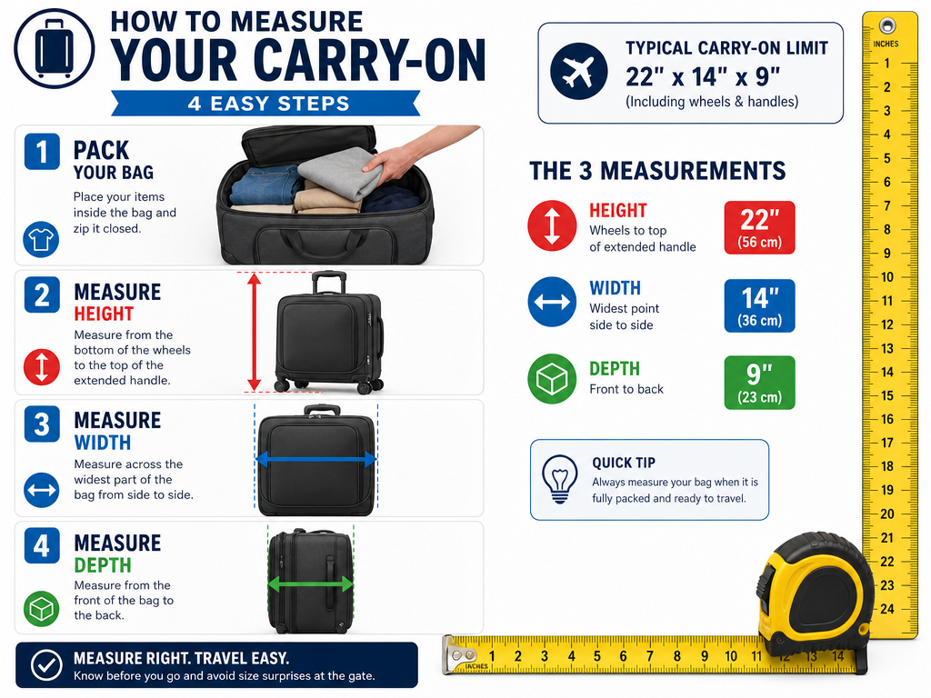 Infographic showing how to measure packed carry-on luggage dimensions correctly.