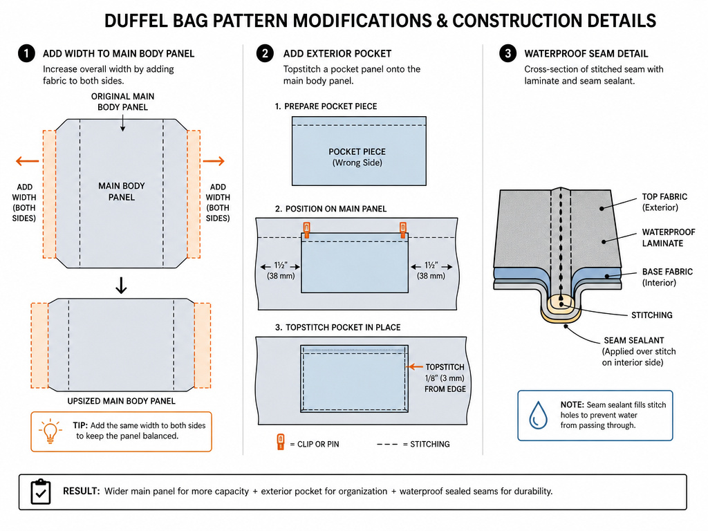 Diagram showing how to modify a duffel bag pattern for size, pockets, and waterproofing.
