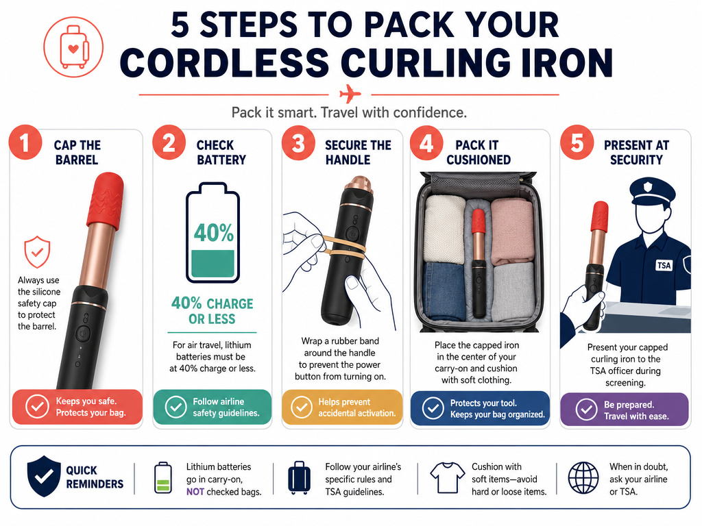 Five-step infographic for safely packing a cordless curling iron in carry-on luggage.