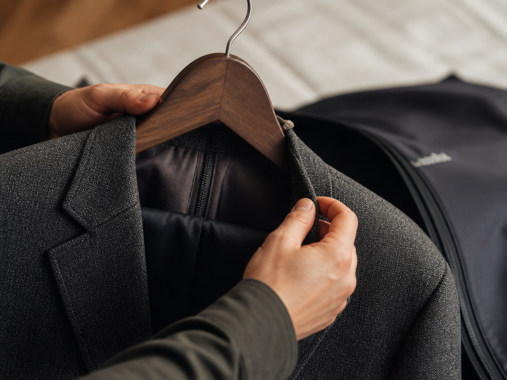 Person hanging a suit jacket on a wide hanger after travel, garment bag nearby