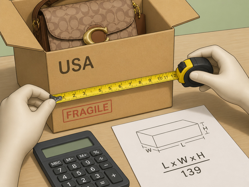 Measuring shipping box for a Coach bag to calculate international forwarding costs.