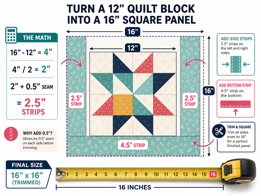 Infographic for sizing up a quilt block with fabric strips for a tote bag panel.