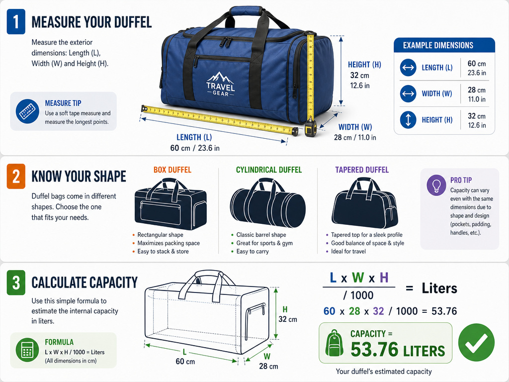 Infographic showing three steps to verify duffel bag volume before purchase
