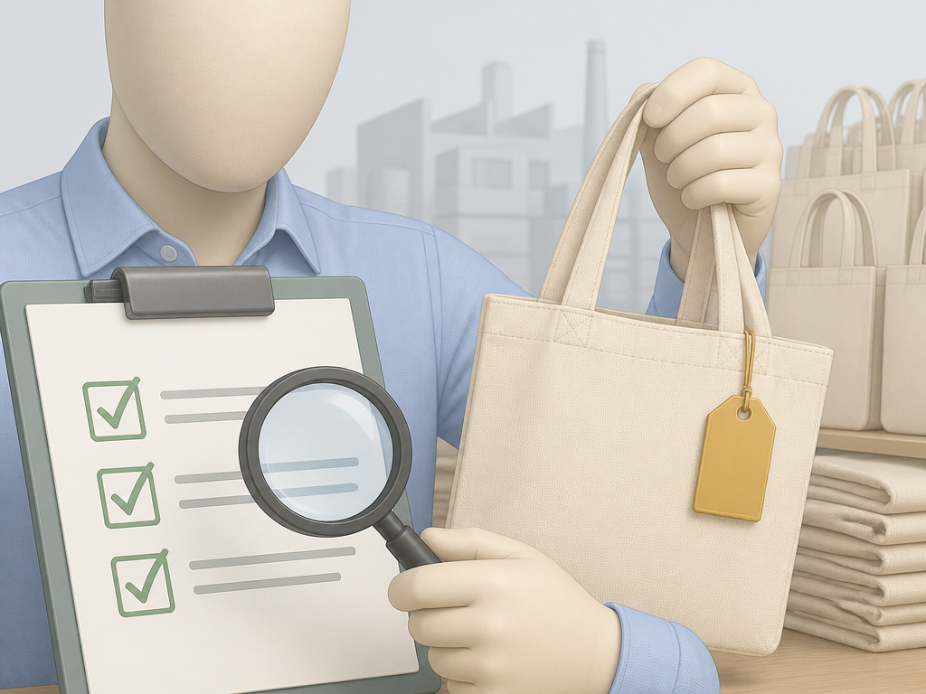 Entrepreneur vetting a tote bag supplier by comparing a golden sample to a checklist.