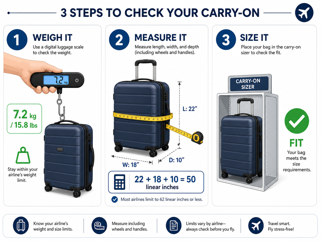 Infographic showing three steps to weigh and measure carry-on luggage correctly.