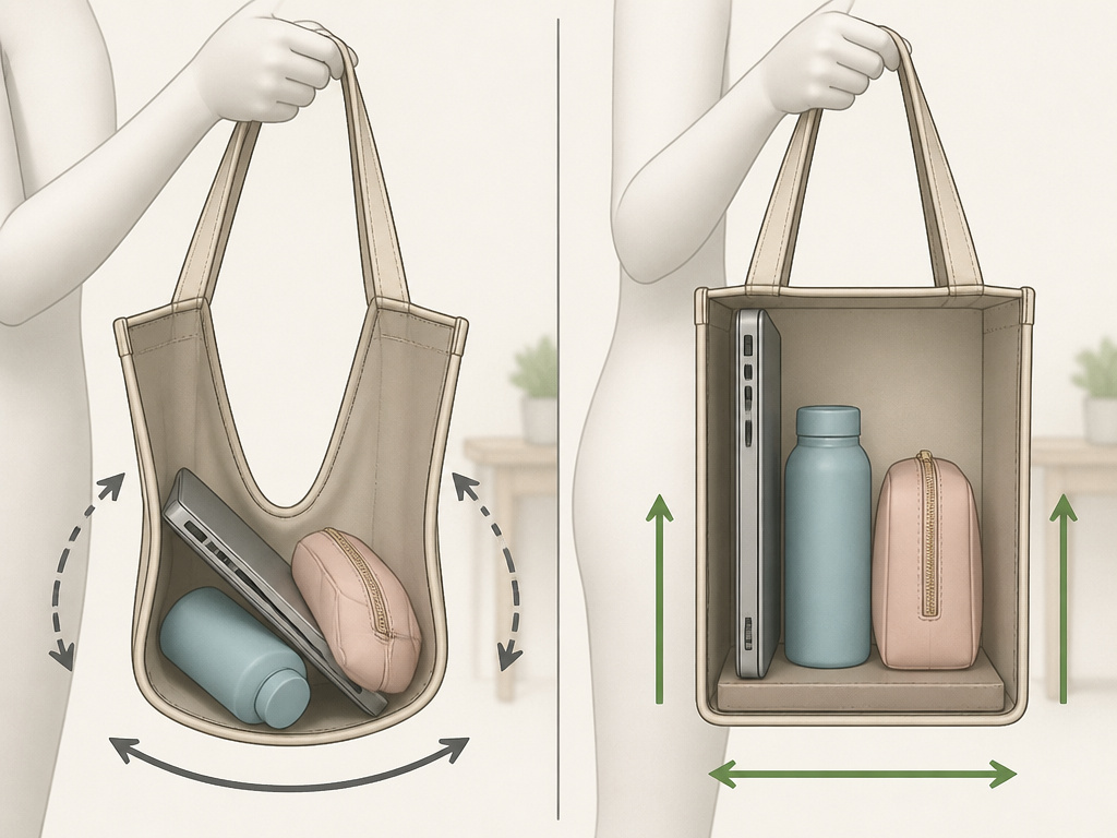 Diagram comparing an unstable packed tote bag versus one with a structured base.