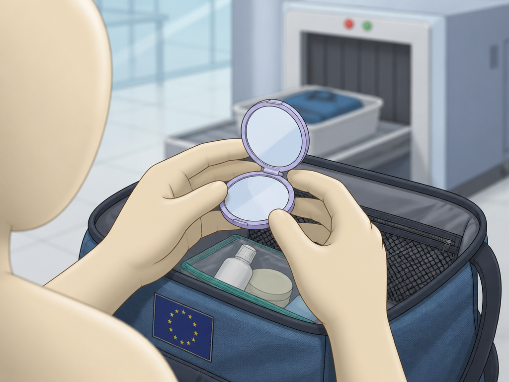 Small hand mirror being checked against EU hand luggage security regulations.