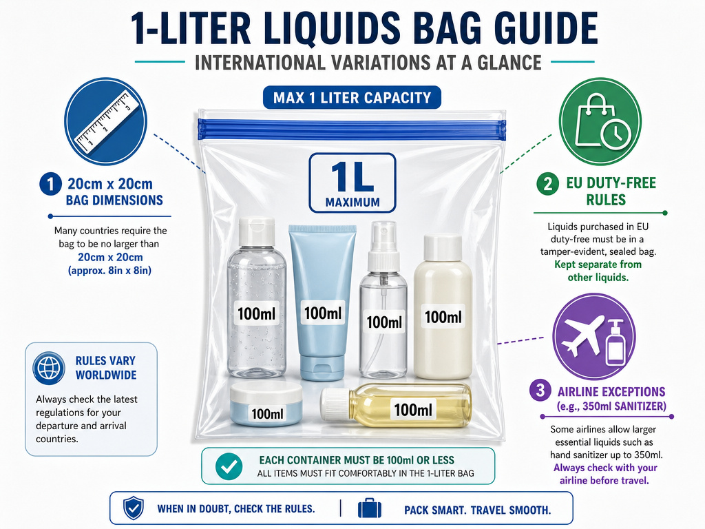 International carry-on liquid limits infographic comparing bag sizes and airline rules.